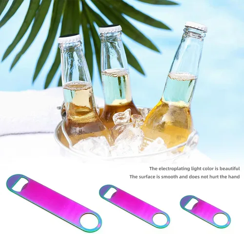 Miniatura 4 de Abrebotellas plano de acero inoxidable de color arcoíris, resistente y duradero, 2 piezas para enviar a amigos, adecuado para bares, camareros