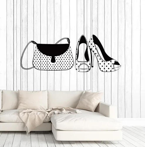 Vinilo calcomanía decorativo para pared bolso de mano y tacón alto zapatos Moda Mujer Pegatinas de decoración mural grande (ig4964)