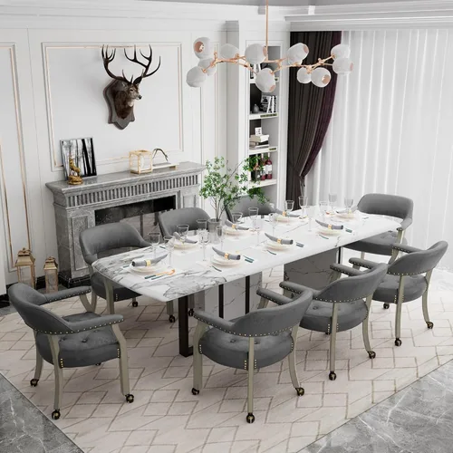 Miniatura 39 de Juego de 8 sillas de cuero de comedor con ruedas y brazos, silla de capitán Accent con ruedas, sillas de madera con ruedas enrollables para cocina