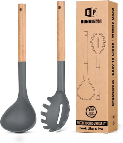 Miniatura 8 de Juego de tenedor y cucharón de silicona para pasta con mango de madera, utensilios de cocina antiadherentes resistentes al calor para cocinar, Caqui