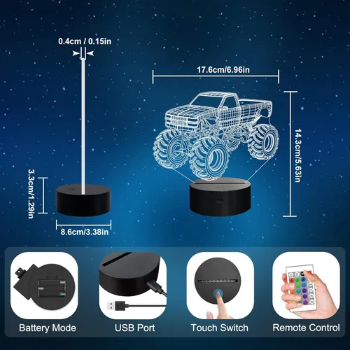 Miniatura 7 de Luces nocturnas 3D para niños, lámpara nocturna para niños, camiones monstruo para niños, 16 colores LED que cambian de iluminación, iluminación