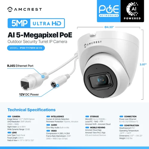 Miniatura 7 de Amcrest Paquete de 2 cámaras PoE de seguridad IP UltraHD de 5 MP con micrófono/audio, 5 megapíxeles, visión nocturna de 98 pies, FOV de 132°, IP67