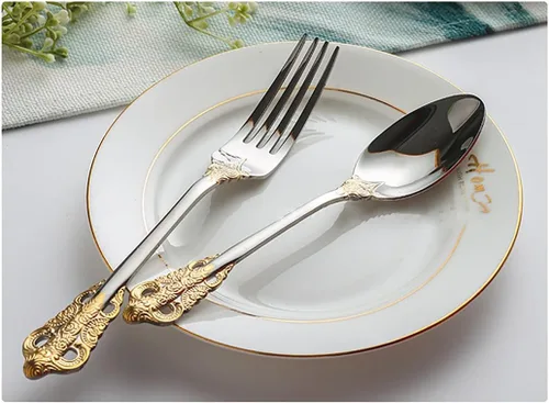 Miniatura 3 de IKXO Retro Royal - Juego de cubiertos de acero inoxidable de grado alimenticio con ribete chapado en oro para reuniones, bodas, fiestas de Navidad