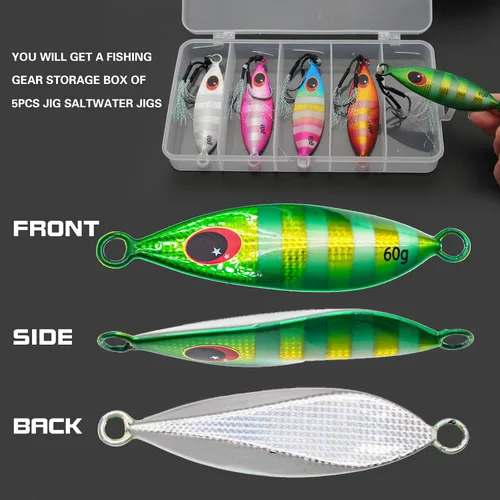 Miniatura 3 de 5 piezas de plantillas de pesca de agua salada, señuelos de pesca verticales de tono lento de metal con ganchos de asistencia, anzuelos de pesca