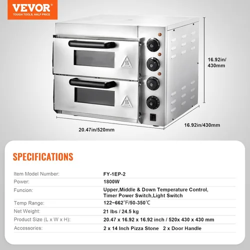 Miniatura 7 de Horno de pizza comercial VEVOR para encimera, capa doble de 14", horno de pizza eléctrico de acero inoxidable con piedra y asa, horno de pizza