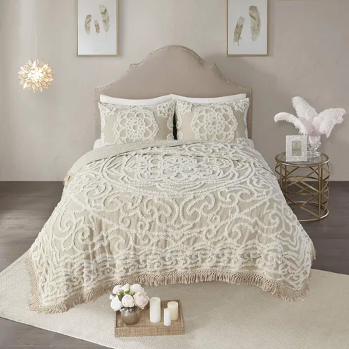 Miniatura 11 de Madison Park Laetitia - Juego de colcha ligera 100% algodón, chenilla mullida transpirable, diseño bohemio shabby chic con medallón, funda