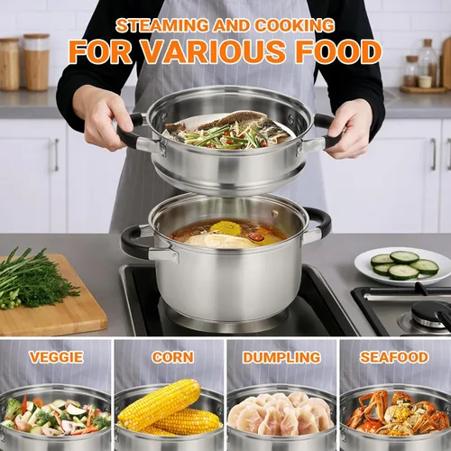 Miniatura 6 de Kirecoo Vaporizador de 3.2 cuartos de galón para cocinar - Olla de vapor de acero inoxidable con cesta de vapor, olla de cocción con mango