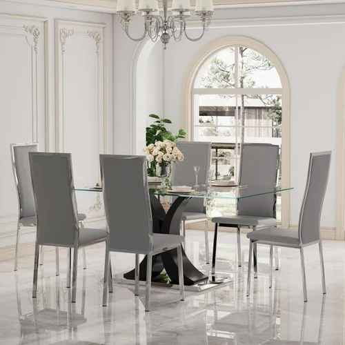 Miniatura 27 de Moderno juego de mesa de comedor rectangular de vidrio para 4, 63 pulgadas, mesa transparente de cocina de lujo con base negra y dorada, 4 sillas