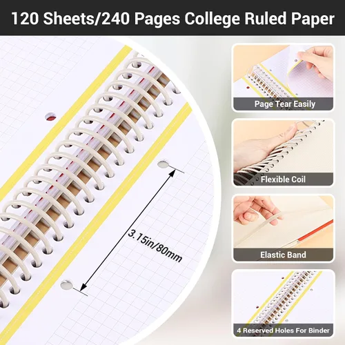 Miniatura 3 de EUSOAR - Cuaderno en espiral de papel gráfico, tamaño A4 de 9.25" x 11.7", gran cuaderno de 3 asignaturas, cuaderno de diario de tapa dura
