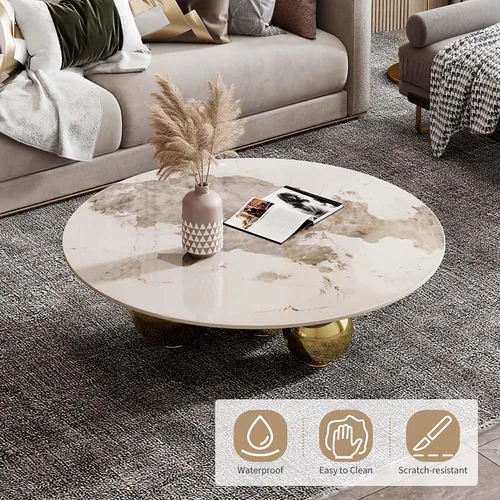 Miniatura 3 de Mesa de centro redonda moderna de mármol, parte superior de aspecto de mármol de 39.4 pulgadas con base de bola dorada, mesa central para sala