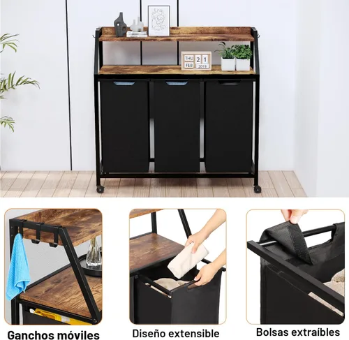 Miniatura 5 de Timberer Cesta de lavandería, clasificador de ropa de 3 secciones, cesta de lavandería rodante con ruedas, 2 estantes, 3 × 54.5 L, bolsas extraíbles