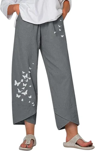 Miniatura 25 de Pantalones Capri de Lino de Algodón para Mujer 2025, Pantalones Palazzo Recortados Casuales con Estampado, Cintura Elástica, Pantalones Holgados