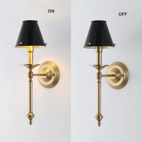 Miniatura 8 de Aplique de pared moderno industrial de mediados de siglo para baño, luz de tocador de latón cepillado con marco acabado y pantalla de metal negro