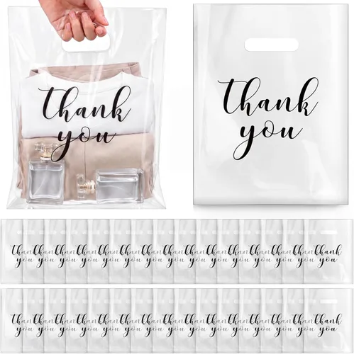 Miniatura 8 de Crtiin 100 piezas de bolsas de mercancía transparentes con texto "Thank You" y asas troqueladas para compras, bolsas de plástico para embalaje