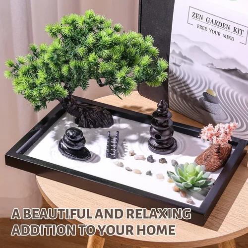 Miniatura 6 de Kit de jardín zen para decoración de escritorio - Juego de caja de arena mini japonés premium y hermoso para el hogar, oficina con bandeja de madera
