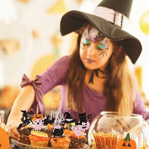 Miniatura 6 de Paquete de 24 adornos para cupcakes de Halloween con purpurina rosa, fantasma, pequeño abucheo, murciélago, bruja, gato, calabaza, magdalena