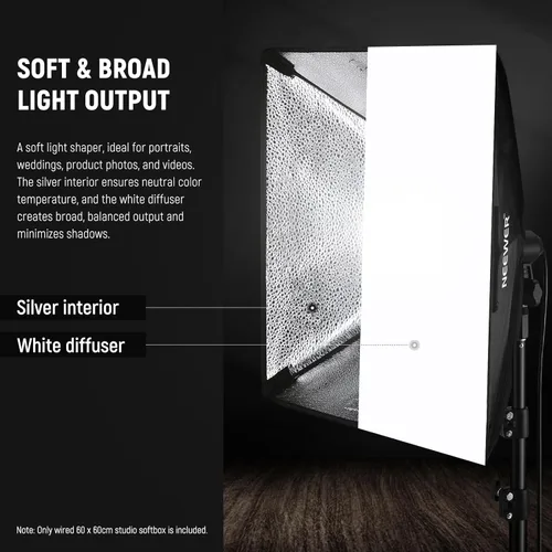 Miniatura 6 de NEEWER Caja de luz de 24 x 24 pulgadas con enchufe de porcelana E26/cable de alimentación/difusor blanco/adaptador de soporte, modificador