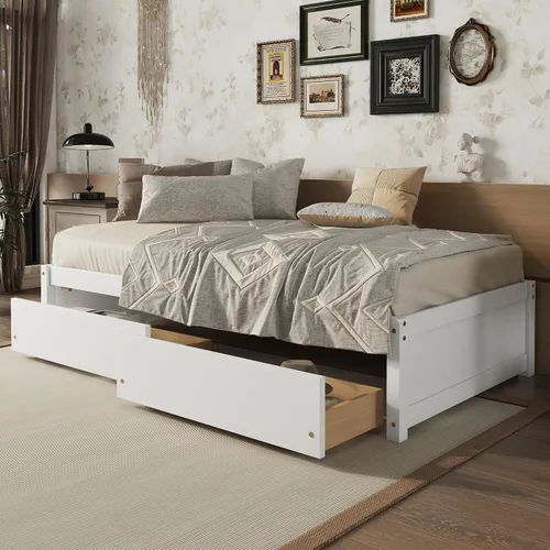 Miniatura 24 de HomSof Cama individual con 2 cajones, madera maciza, no necesita somier, gris