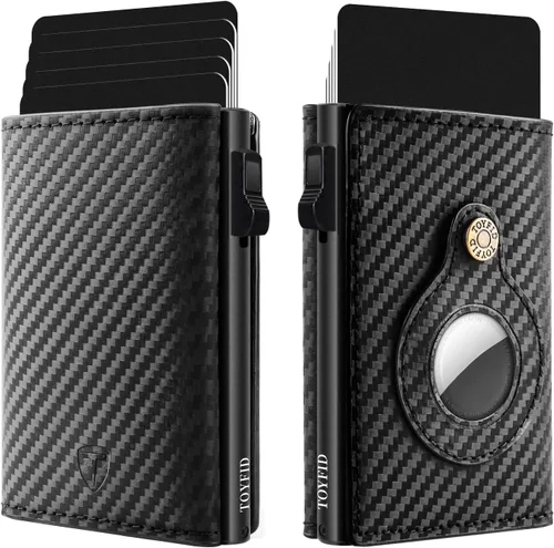 TOYFID Airtag Pop Up Wallet for Men, Card Holder Carbon Fiber Leather Trifold RFID Blocking Slim Minimalist Wallet, Magnetic Closure Card Wallet