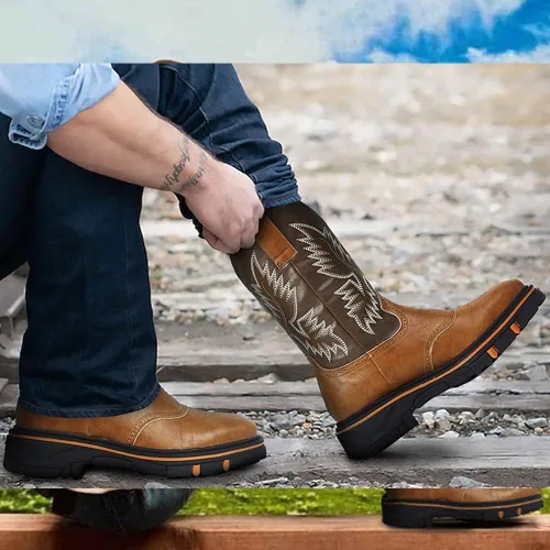 Miniatura 3 de Botas vaqueras bordadas para hombre, botas vaqueras duraderas con punta cuadrada, tacón grueso, plataforma de piel sintética, botas de media