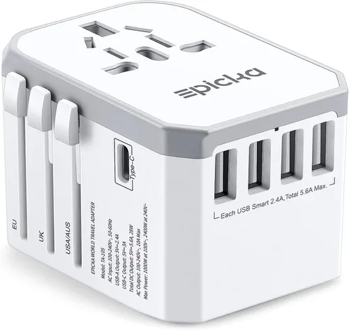 EPICKA Adaptador de viaje universal, adaptador de enchufe de viaje europeo, adaptador de corriente internacional cargador mundial con USB-C y 4