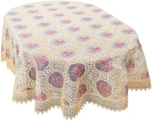 Miniatura 8 de Mantel vintage personalizado beige bordado de lino con patrón de encaje floral, gasa translúcida, redondo, 54 pulgadas de largo