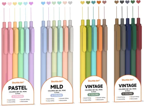 Shuttle Art Bolígrafos de gel retráctiles de colores, 22 colores de tinta, 6 suaves, 6 pastel, 5 claros vintage y 5 oscuros vintage, bonitos