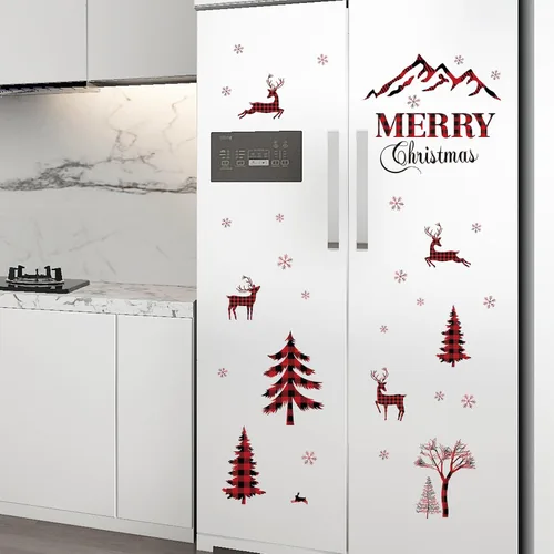 Miniatura 2 de Adhesivo de pared de Navidad - Árbol de bufalo de cuadro rojo y negro, pegatinas de ventana de venado, nieve removible para decoración del hogar