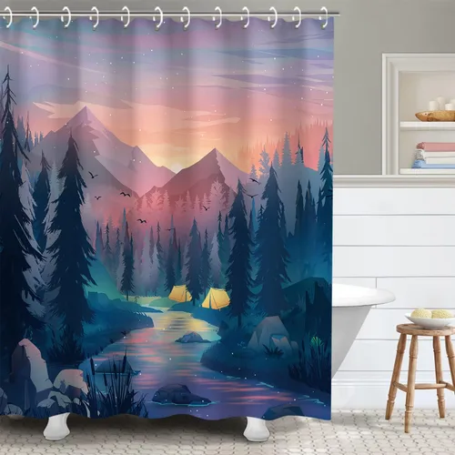 Miniatura 9 de RosieLily Cortina de ducha con diseño de lago de montaña, cielo nocturno estrellado, paisaje de luna y bosque para baño, 72 pulgadas de ancho x 72
