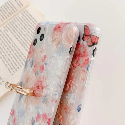 Miniatura 6 de Qokey - Funda compatible para iPhone XR, hermoso diseño de flores, para mujer y niña, con anillo giratorio de 360 grados, TPU suave, a prueba