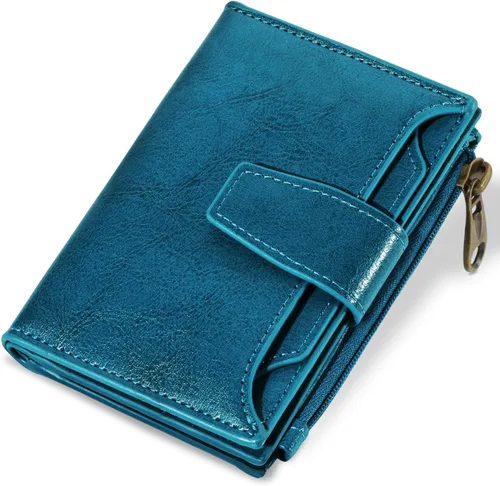 Miniatura 30 de Airkit Cartera para mujer, pequeña cartera de cuero para mujer, plegable, compacta, con bloqueo RFID, tarjetero de crédito, mini bolso de viaje