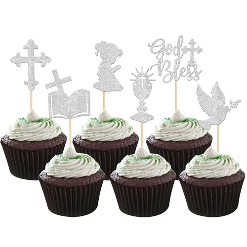 Miniatura 22 de 24 piezas de decoración para cupcakes con purpurina y paloma para magdalenas, para primera comunión, tema de bautismo cristiano, baby shower, fiesta