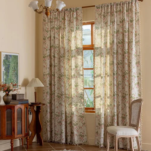 Miniatura 20 de Cortinas florales de granja semiopacas para sala de estar, de 63 pulgadas de largo, mezcla de lino y algodón, paneles de cortina de ventana cortos