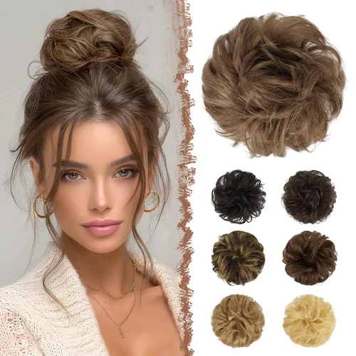 FESHFEN Moños Desordenados Humanos - Moño de Cabello Humano 100% Real Coleteros Scrunchies Piezas de Cabello Extensiones de Cola de Cabello Ondulado
