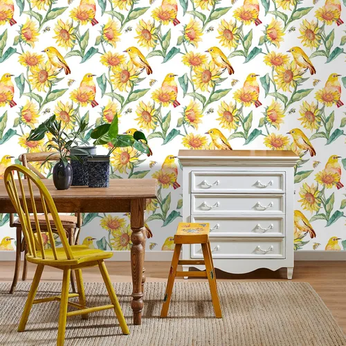 Miniatura 6 de VaryStyle Papel tapiz vintage de girasol de 17.7 x 118 pulgadas, acuarela amarillo brillante/verde, pájaros florales, despegar y pegar, papel