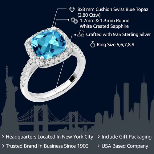 Miniatura 2 de Gem Stone King Anillo de compromiso de plata de ley 925 con topacio azul suizo y zafiro blanco creado para mujer