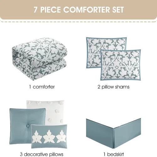 Miniatura 4 de Grand Avenue Juego de edredón azul de 7 piezas, juego de cama jacquard tamaño Queen, ropa de cama de hojas florales para todas las estaciones