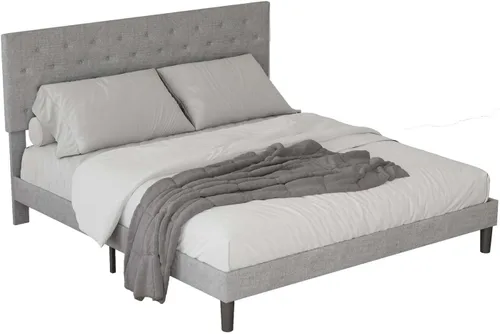 Miniatura 7 de Base de cama tapizada de tamaño matrimonial con cabecera de botón ajustable, base de colchón con soporte de listones de madera, no necesita somier
