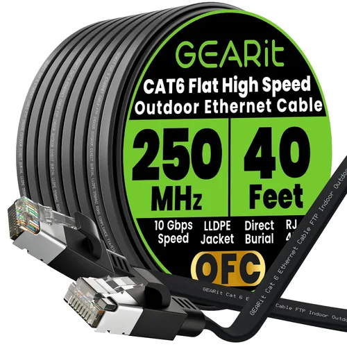 Miniatura 23 de GEARit Cable Ethernet plano Cat 6 para exteriores (15 pies, negro) Chaqueta LLDPE clasificada para entierro directo – Cat6 blindado FTP 10Gbps