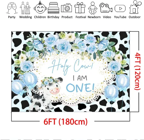 Miniatura 4 de Mocsicka Fondo de vaca Holy Cow I'm One, decoración de fondo para fiesta de primer cumpleaños con temática de vaca floral, cartel para fiesta