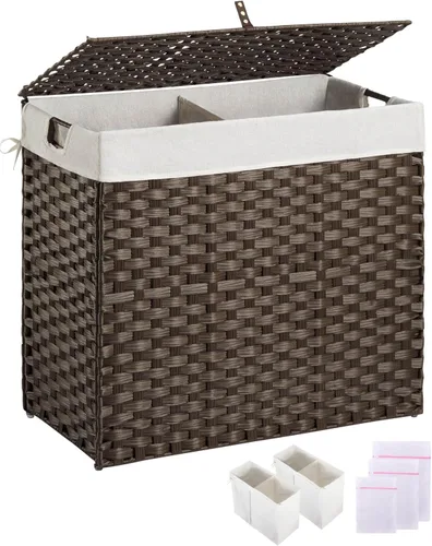 Miniatura 17 de Greenstell Cesta para la ropa sucia con 2 bolsas de forro extraíbles – Cesta de ropa dividida de 90 L, cesta de lavandería plegable de ratán Gris
