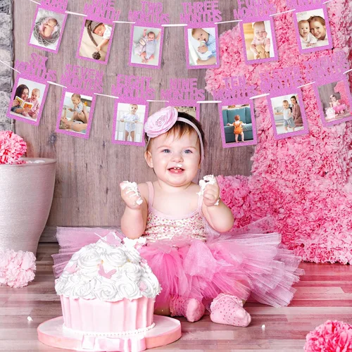 Miniatura 4 de Whaline Cartel de fotos de bebé de primer cumpleaños para recién nacidos a 12 meses, guirnalda de fotos de hitos mensuales, decoración de Rosa fuerte