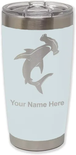 Miniatura 10 de LaserGram Vaso aislado al vacío de 20 onzas, tiburón martillo, grabado personalizado incluido (negro)
