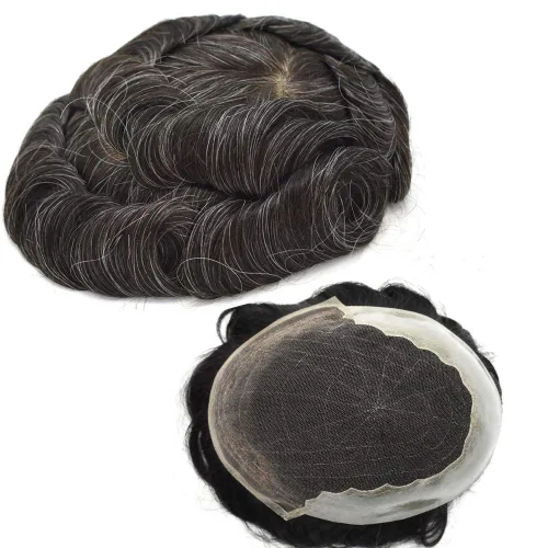 Miniatura 65 de Peluca de repuesto de cabello natural de poliuretano con encaje frontal para hombre (7x9 pulgadas, densidad de luz, 1B40# negro natural con 40% gris)
