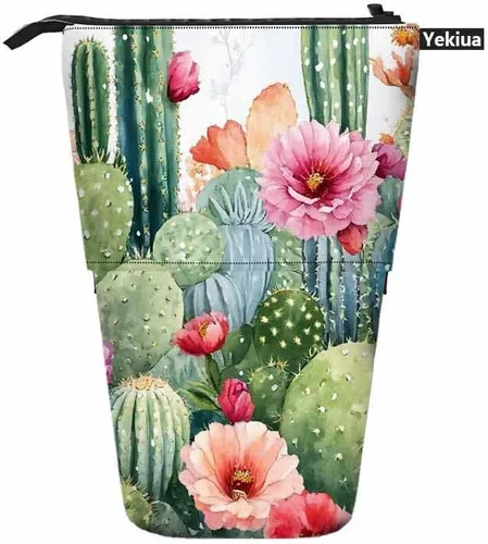 Miniatura 2 de Swono Estuche de lápices florales de cactus con flores tropicales brillantes, rosas, cactus, acuarela, estuche para lápices, estuche para lápices