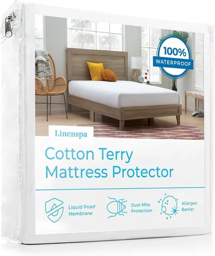 Linenspa - Protector de colchón impermeable, sin vinilo, tamaño matrimonial, superficie de rizo de algodón
