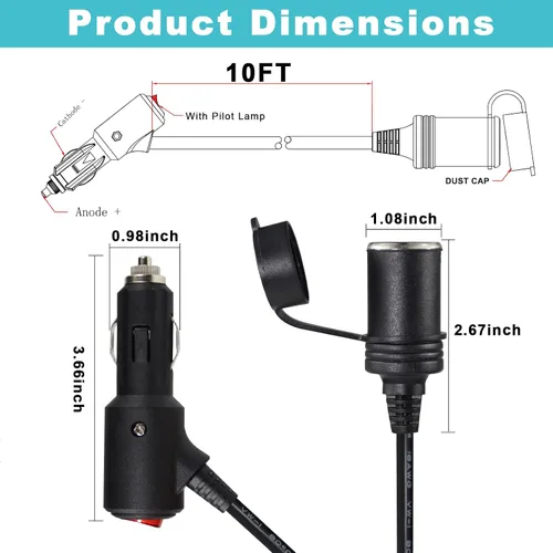 Miniatura 2 de Cable de extensión de encendedor de cigarrillos CC de 10 pies y 12 voltios con interruptor de encendido y apagado, cable de extensión de carga