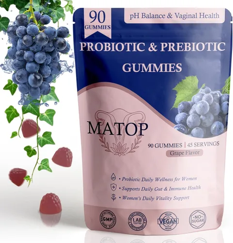 MATOP Gomitas de equilibrio femenino prémium para mujer, apoyo para el equilibrio del pH y probiótico vaginal con sabor a uva, veganas, sin gluten,