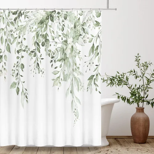 Miniatura 3 de Tititex - Juego de cortinas de ducha de eucalipto verde lima claro, hojas de acuarela en la parte superior, decoración floral de baño, 72 x 72 Hojas