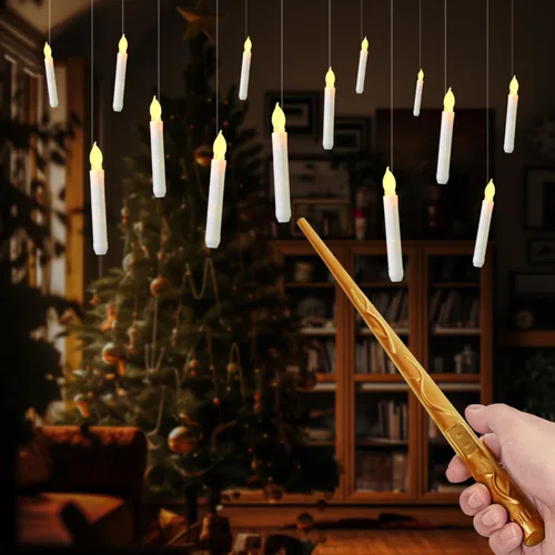 Miniatura 6 de Raycare Velas Flotantes con Varita, 12 Piezas de Velas Colgantes Mágicas Sin Llama, Vela LED Cónica con Luz Cálida Parpadeante y Control Remoto